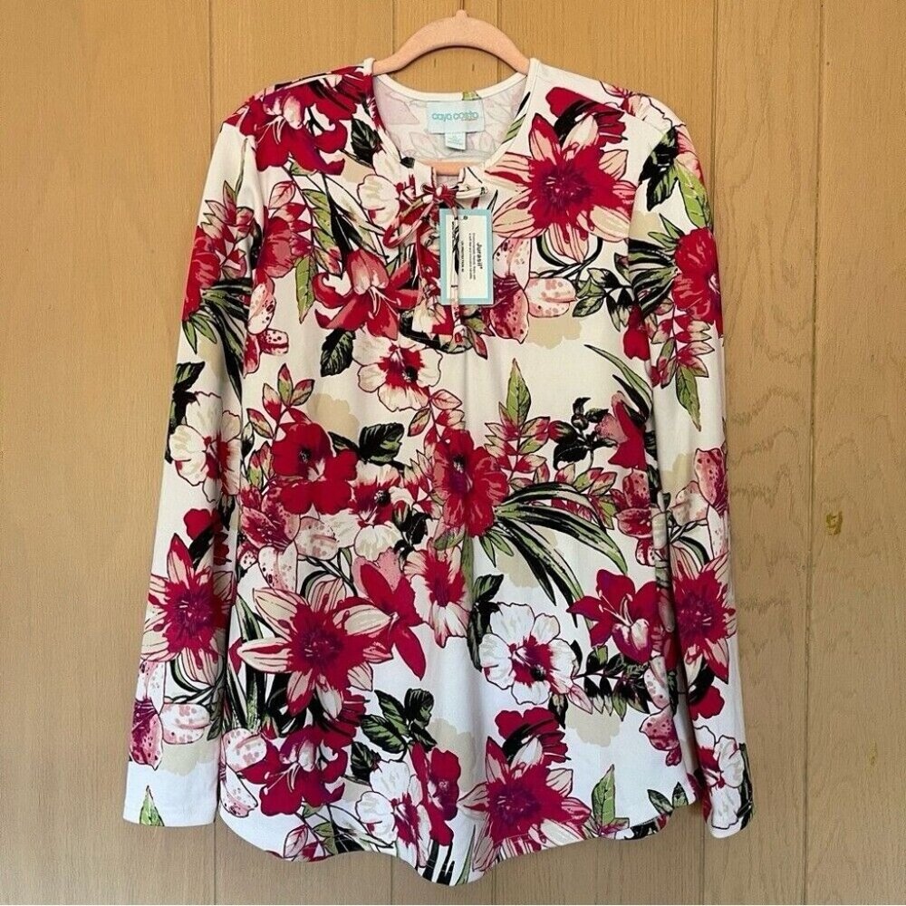 Caya Costa Stretchy Floral Print Tunic Blouse Top Shirt Size XL UV Protection